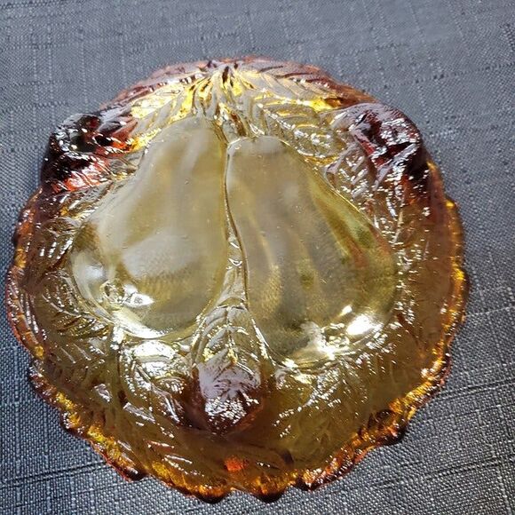 Beautiful Indiana Glass Gold Amber Pear Footed Condiment Bowl Candy Dish - Picture 6 of 8